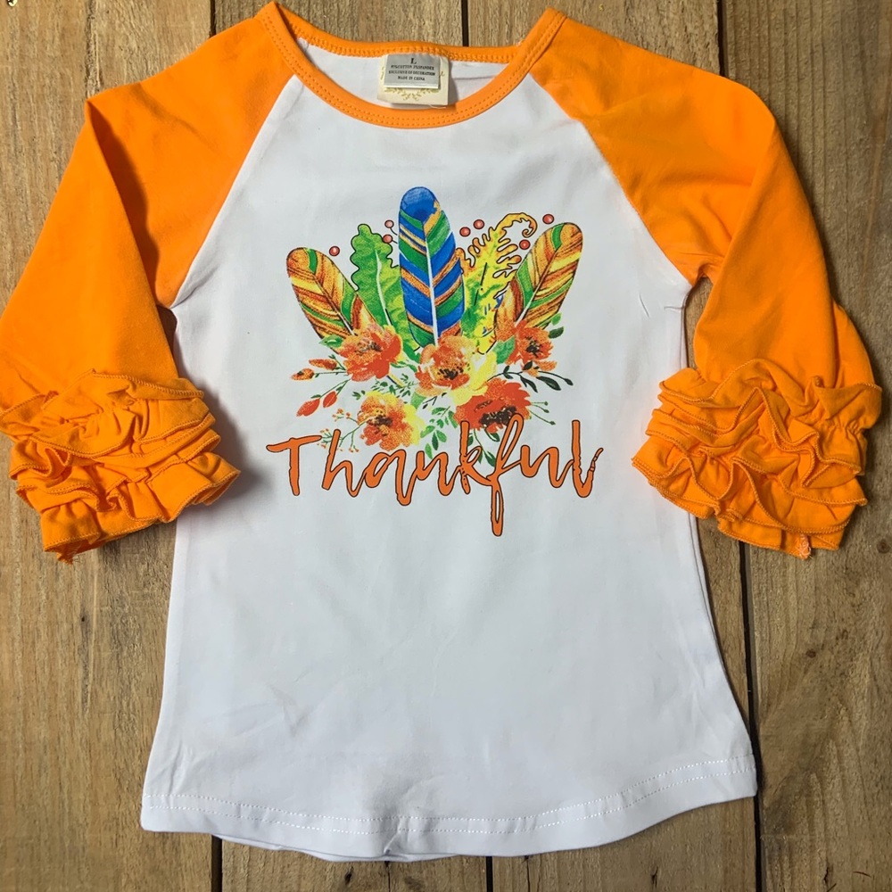 Orange ruffle sleeve thankful shirt 4T